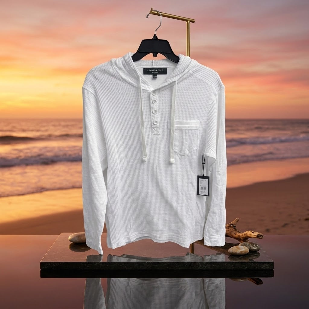 Kenneth Cole New York Men's Waffle-Knit Hooded Henley – White