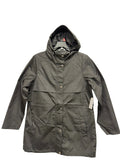 Time and Tru women's black hooded rain jacket on hanger, front