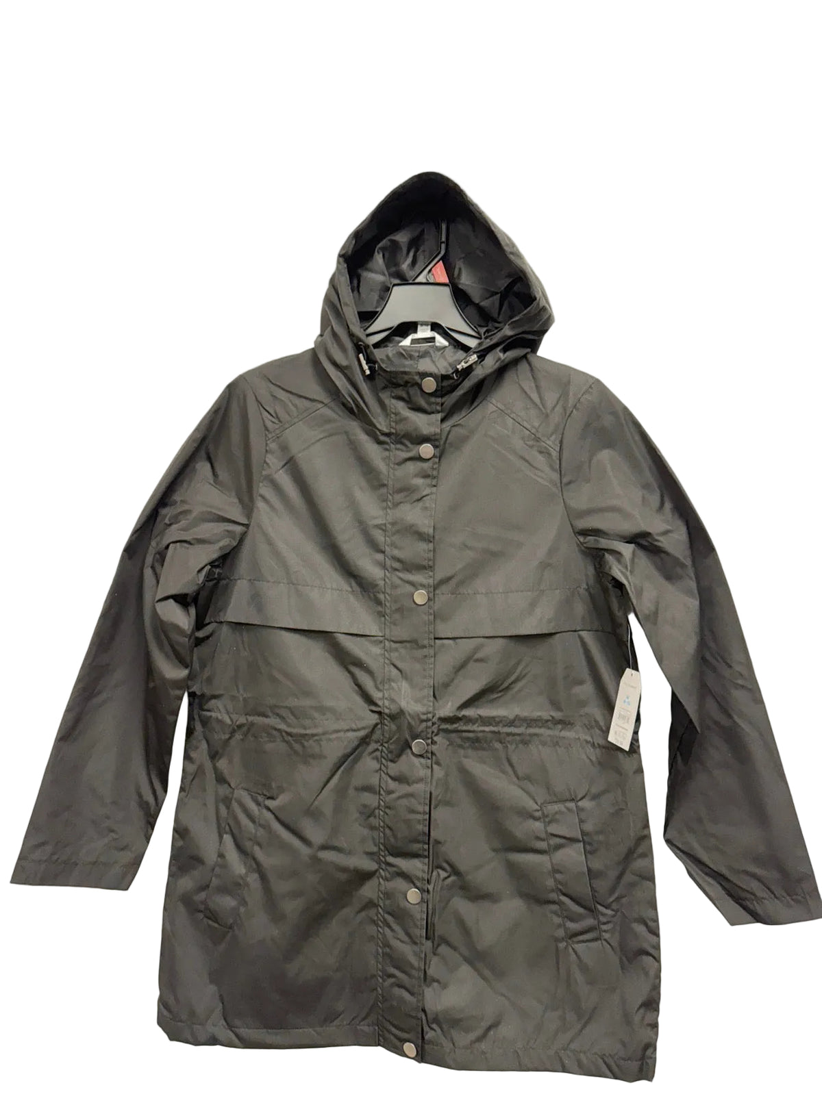 Time and Tru women's black hooded rain jacket on hanger, front