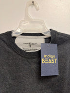 Indigo Beast charcoal heather top, neck label (Made in Bangladesh) and hang tag