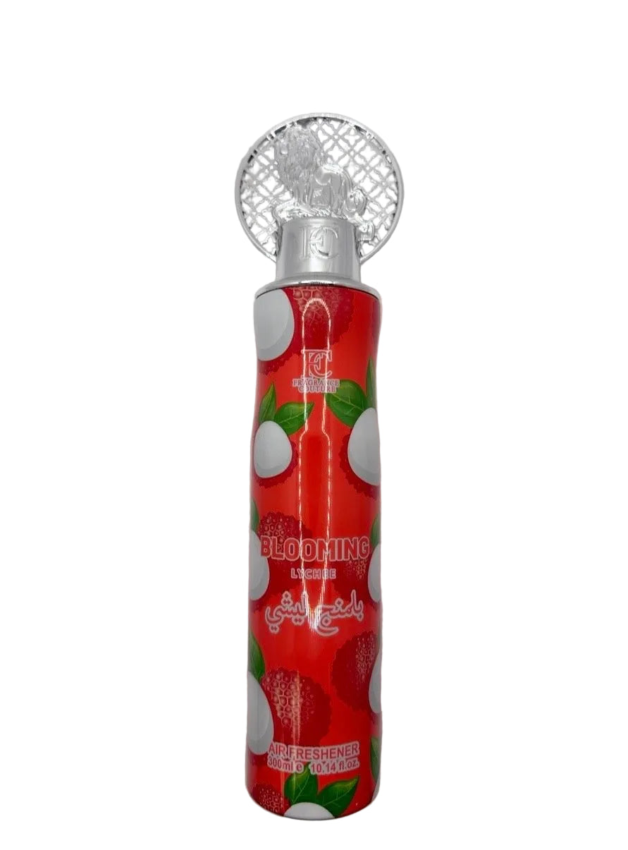 Fragrance Couture Blooming Lychee air freshener spray can 300 mL, front view on white