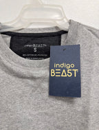 Indigo Beast grey heather top, neck label (60% cotton 40% polyester, Made in Bangladesh) and hang tag