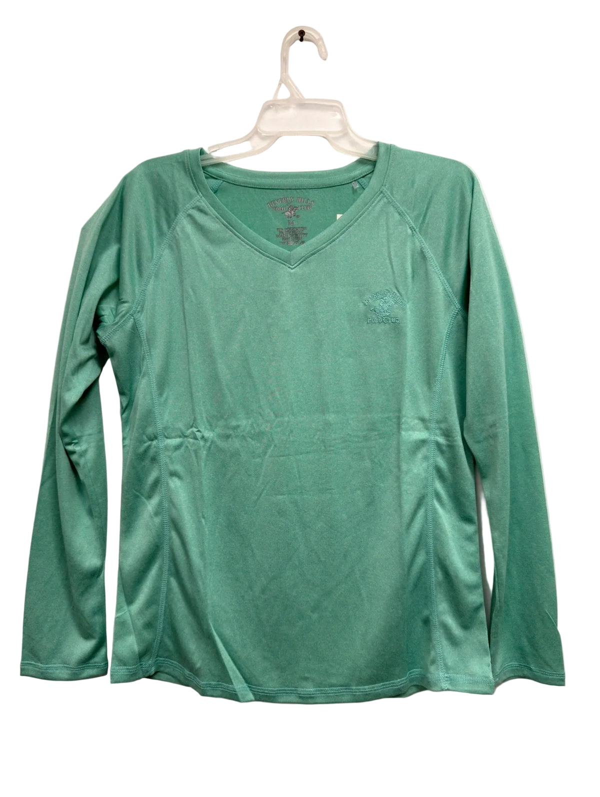 Beverly Hills Polo Club green long-sleeve V-neck top on hanger, front