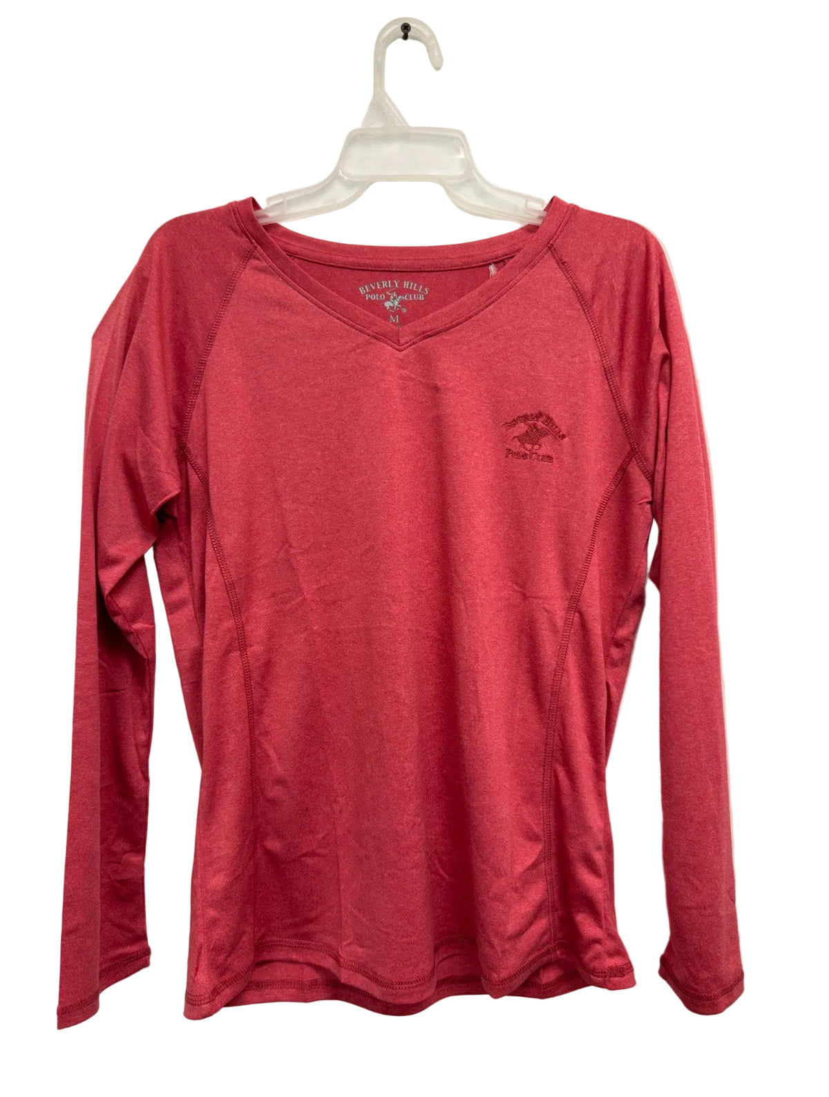 Beverly Hills Polo Club pink/red long-sleeve V-neck top on hanger, front