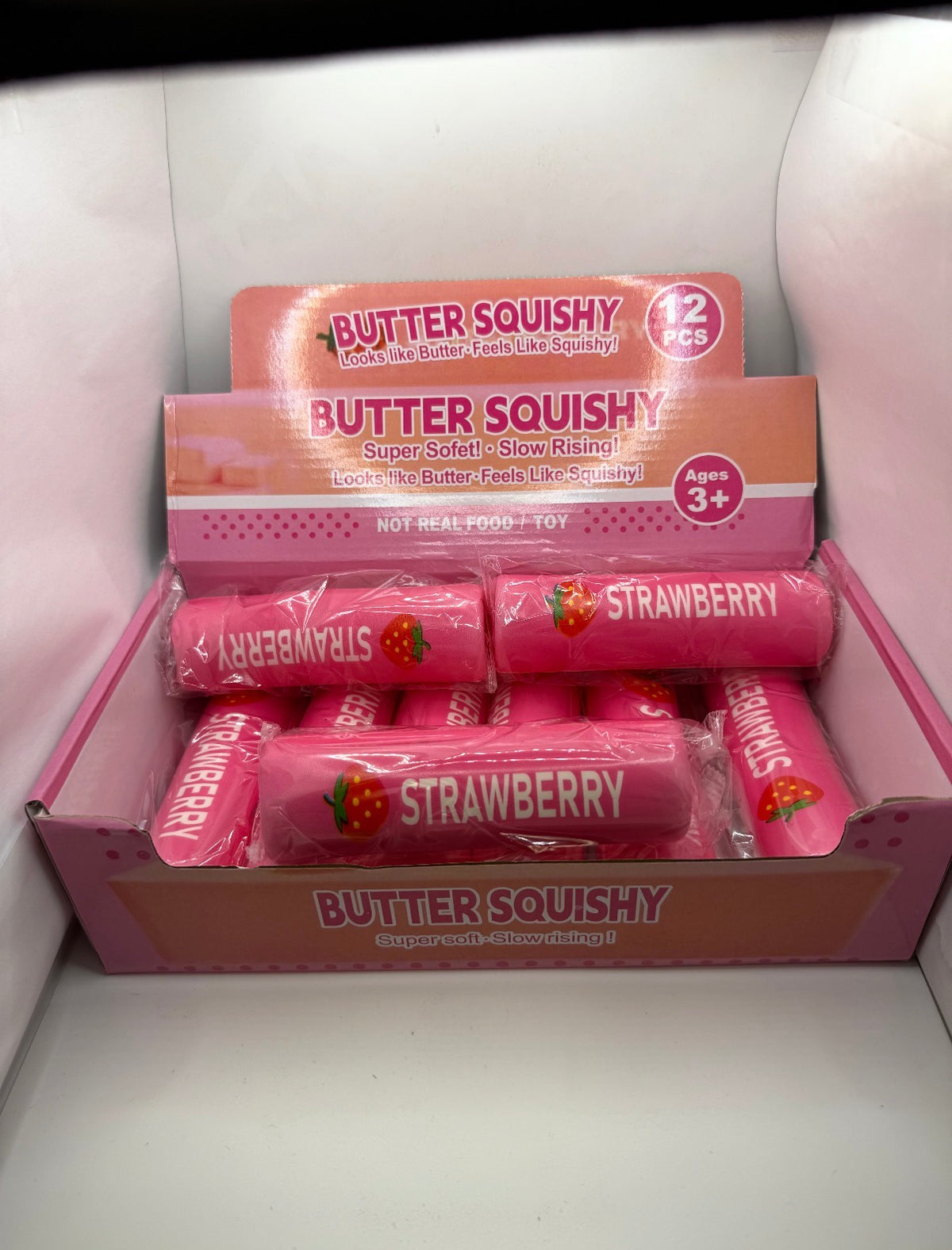 Strawberry Butter Squishy toys, open 12-piece display box