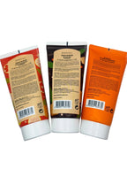 Rear labels of the three BONNYHILL skincare tubes showing directions, ingredients, sizes, and individual component barcodes