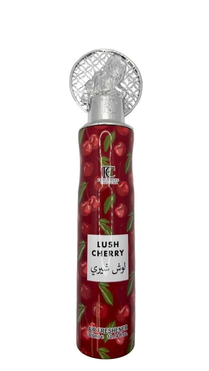 Fragrance Couture Lush Cherry air freshener spray can 300 mL, front view on white