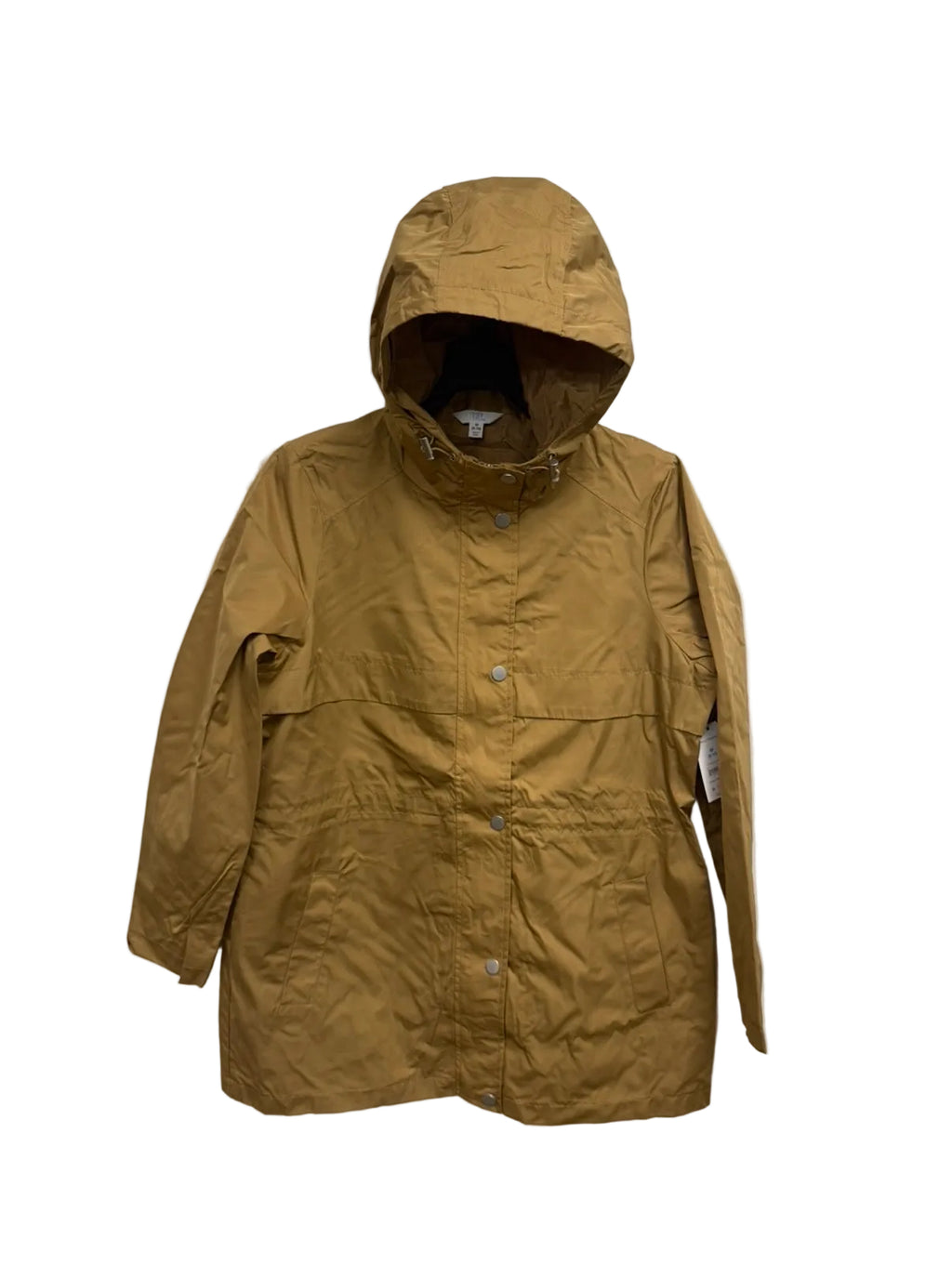 Time and Tru women's brown hooded rain jacket on hanger, front