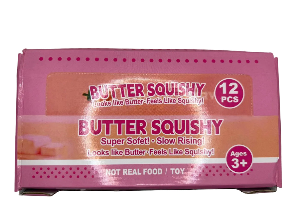 Butter Squishy 12 PCS box: super soft, slow rising, ages 3+, not real food