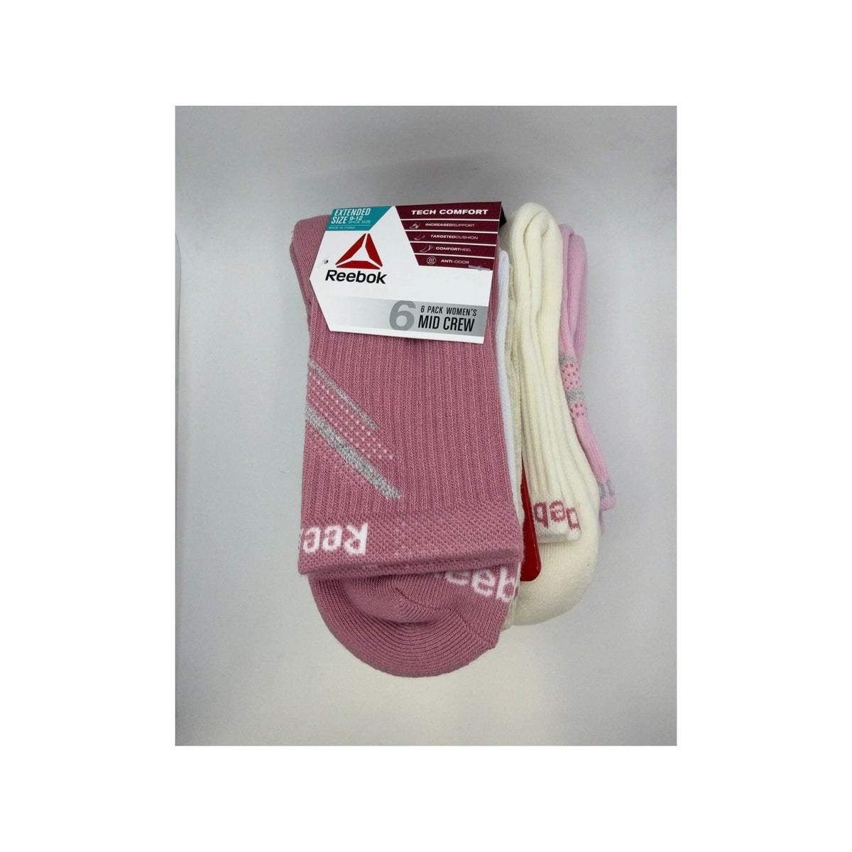 Reebok Women's Mid Crew Socks, 6-Pack, Extended Shoe Size 9–12, Pink Assorted — white-background hero