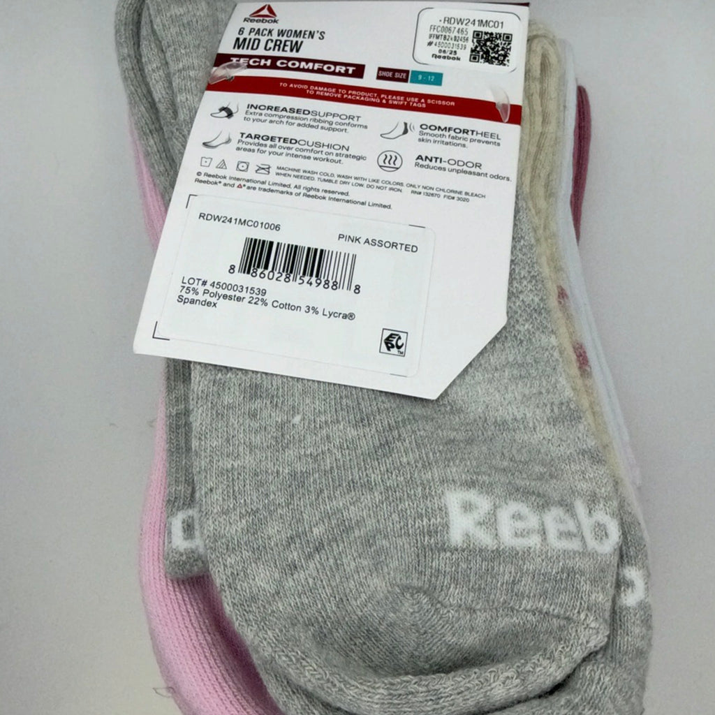 Reebok Women's Mid Crew Socks, 6-Pack, Extended Shoe Size 9–12, Pink Assorted — package detail with size and features