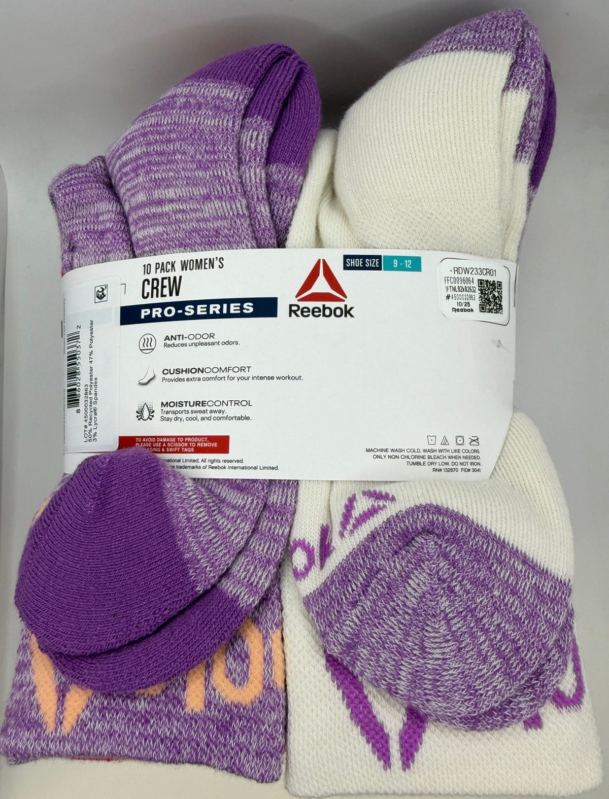 Reebok Women's Pro-Series Crew Socks 10-Pack purple assorted back owned physical product photo