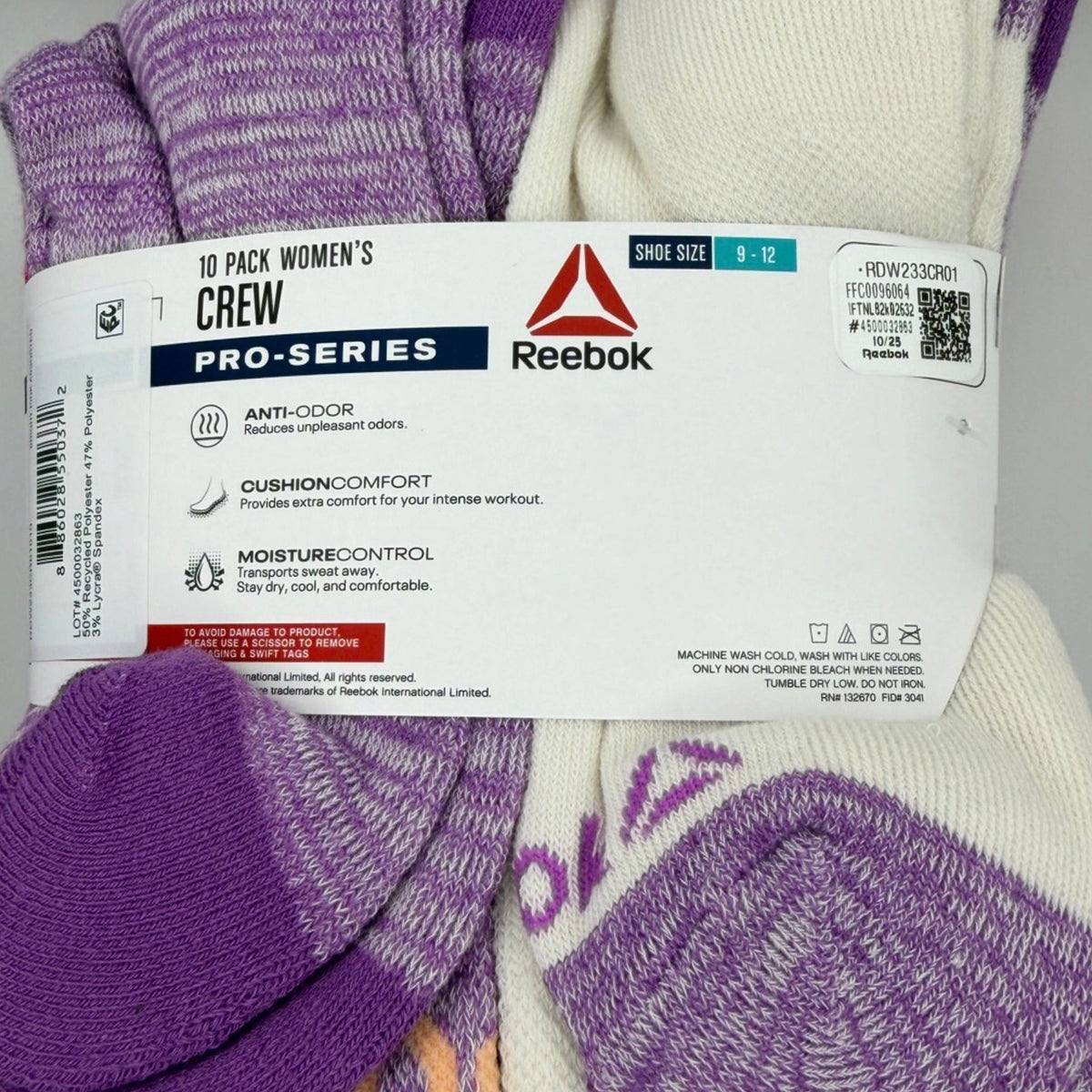 Reebok Women's Pro-Series Crew Socks, 10-Pack, Extended Shoe Size 9–12, Purple Assorted — package detail with size and features