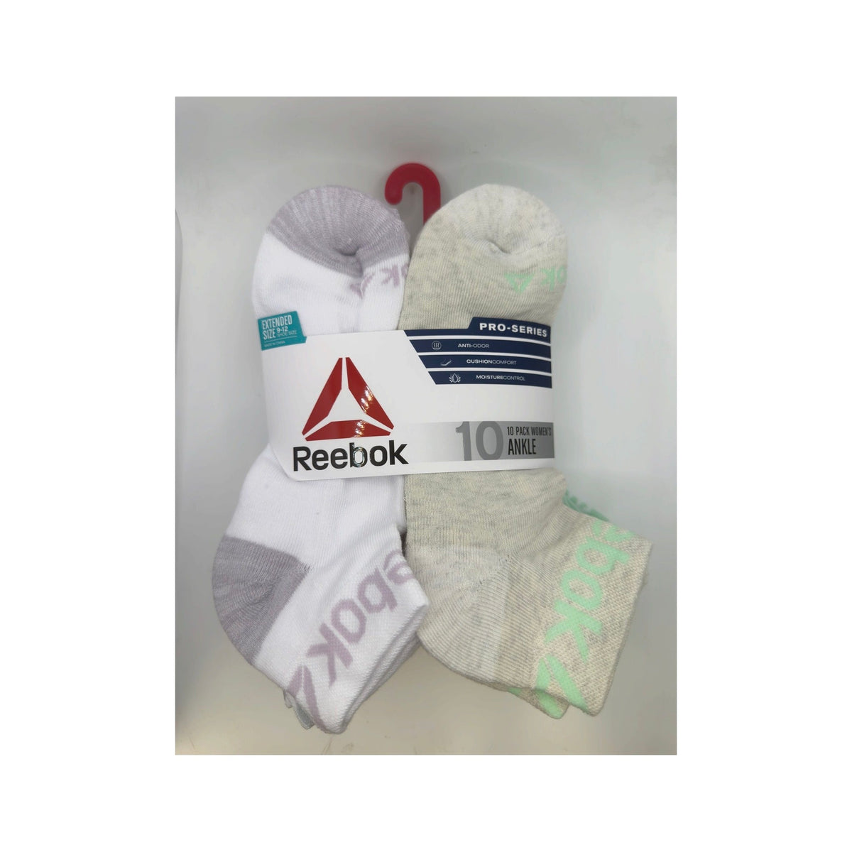 Reebok Women's Pro-Series Ankle Socks, 10-Pack, Extended Shoe Size 9–12, White/Mint Assorted — white-background hero
