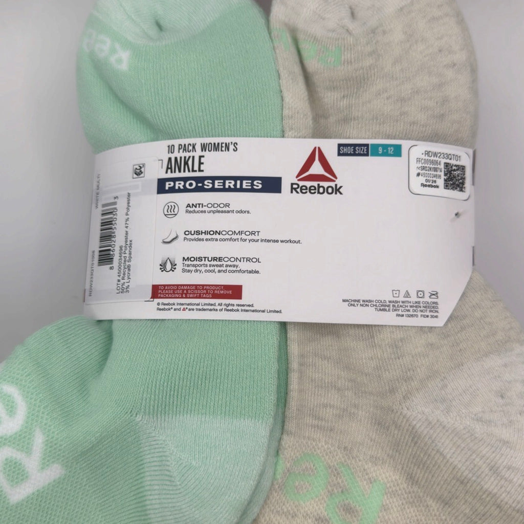 Reebok Women's Pro-Series Ankle Socks, 10-Pack, Extended Shoe Size 9–12, White/Mint Assorted — package detail with size and features