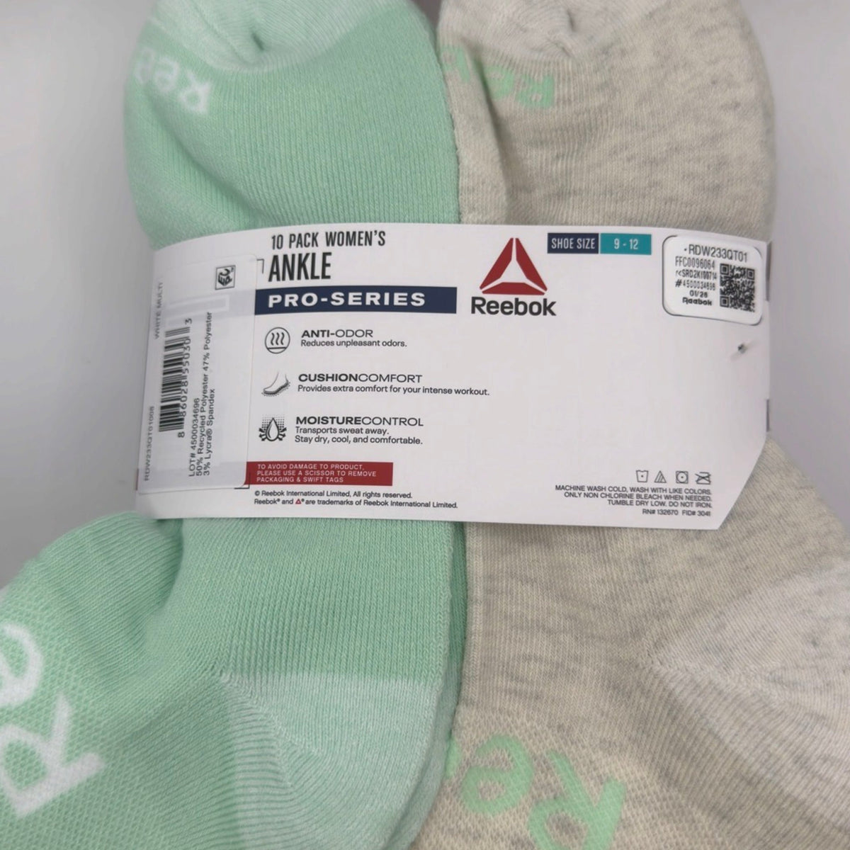Reebok Women's Pro-Series Ankle Socks, 10-Pack, Extended Shoe Size 9–12, White/Mint Assorted — package detail with size and features