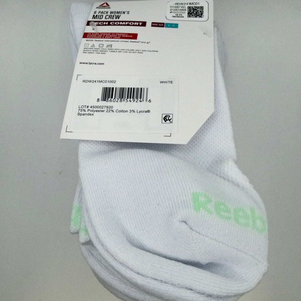 Reebok Women's Mid Crew Socks, 6-Pack, Extended Shoe Size 9–12, White — package detail with size and features