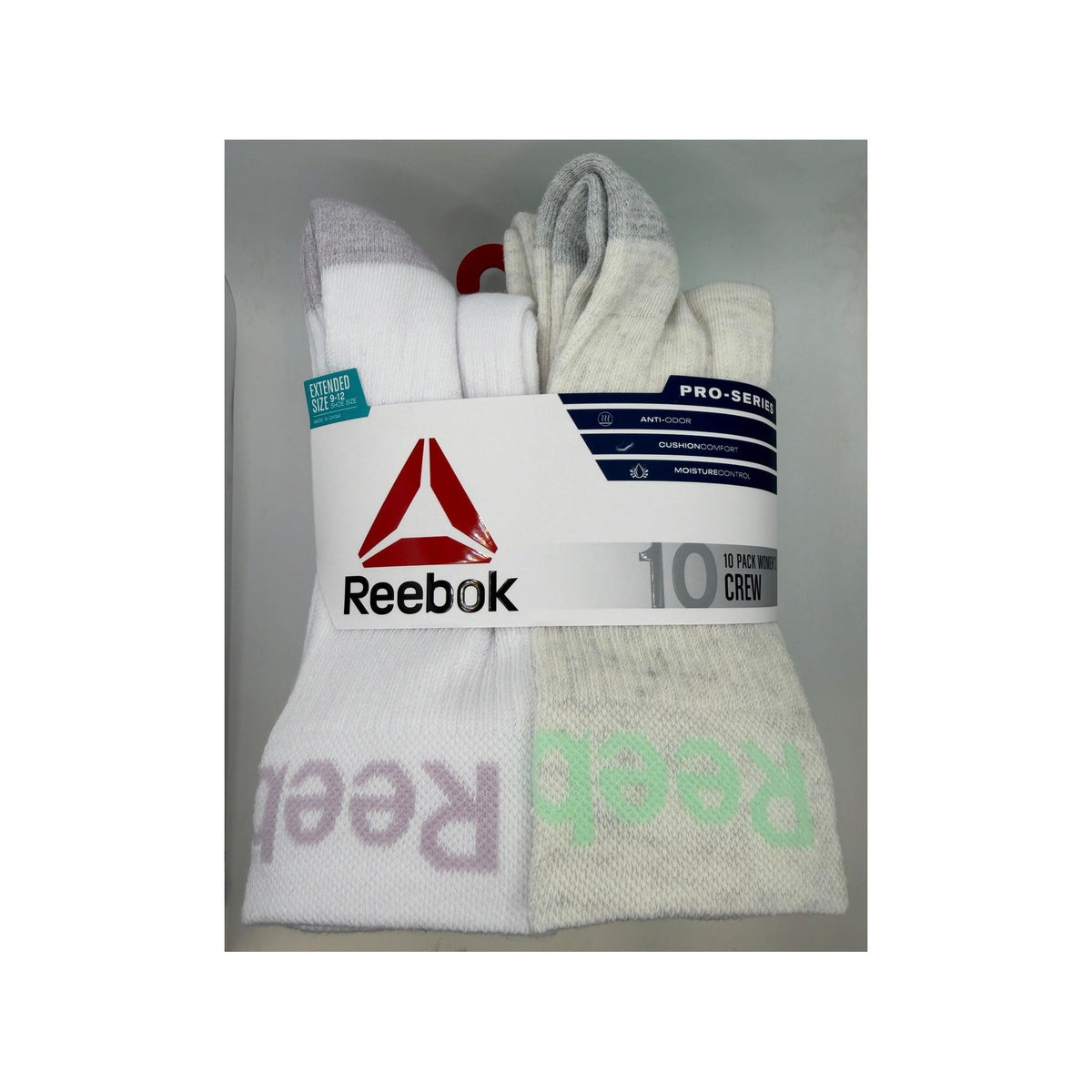 Reebok Women's Pro-Series Crew Socks, 10-Pack, Extended Shoe Size 9–12, White/Mint Assorted — white-background hero