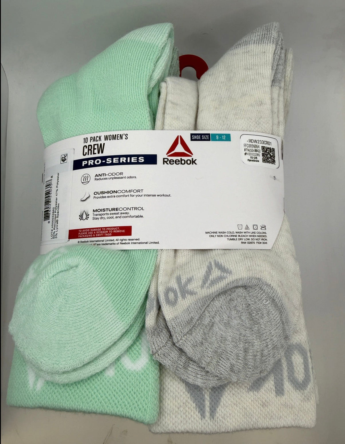 Reebok Women's Pro-Series Crew Socks 10-Pack white mint assorted back owned physical product photo