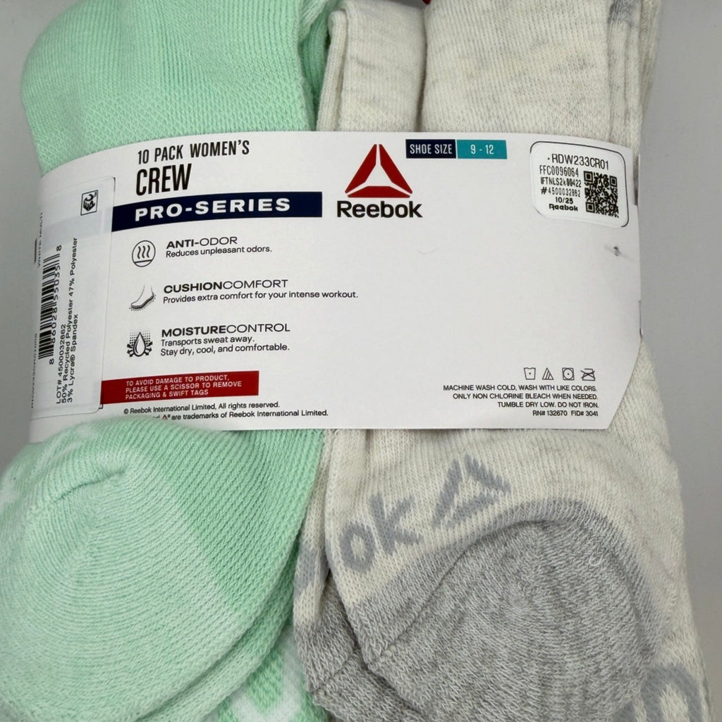 Reebok Women's Pro-Series Crew Socks, 10-Pack, Extended Shoe Size 9–12, White/Mint Assorted — package detail with size and features