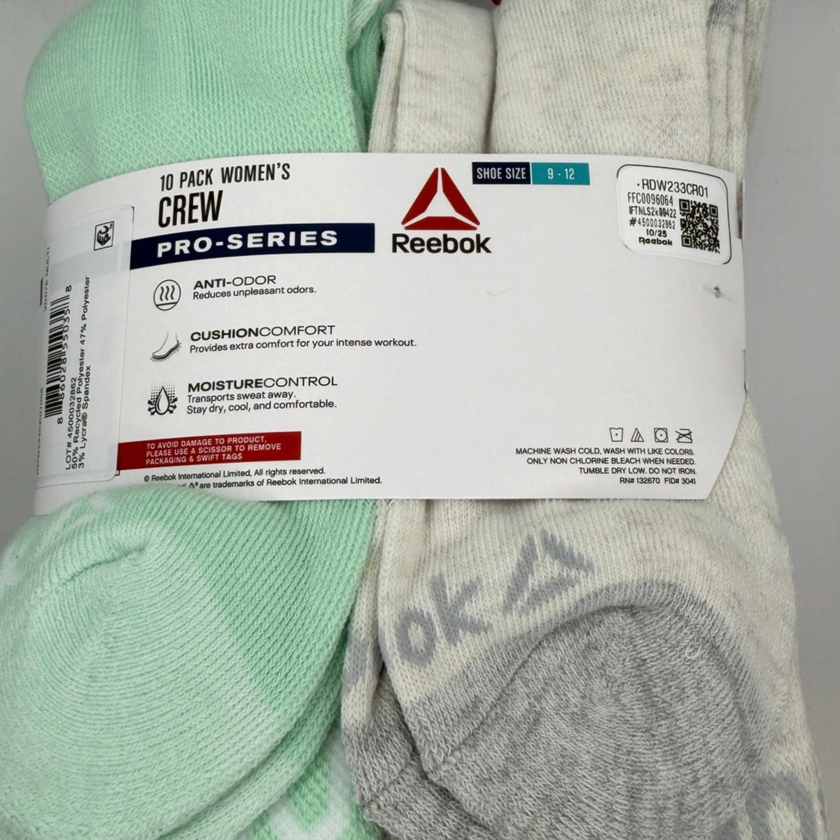 Reebok Women's Pro-Series Crew Socks, 10-Pack, Extended Shoe Size 9–12, White/Mint Assorted — package detail with size and features