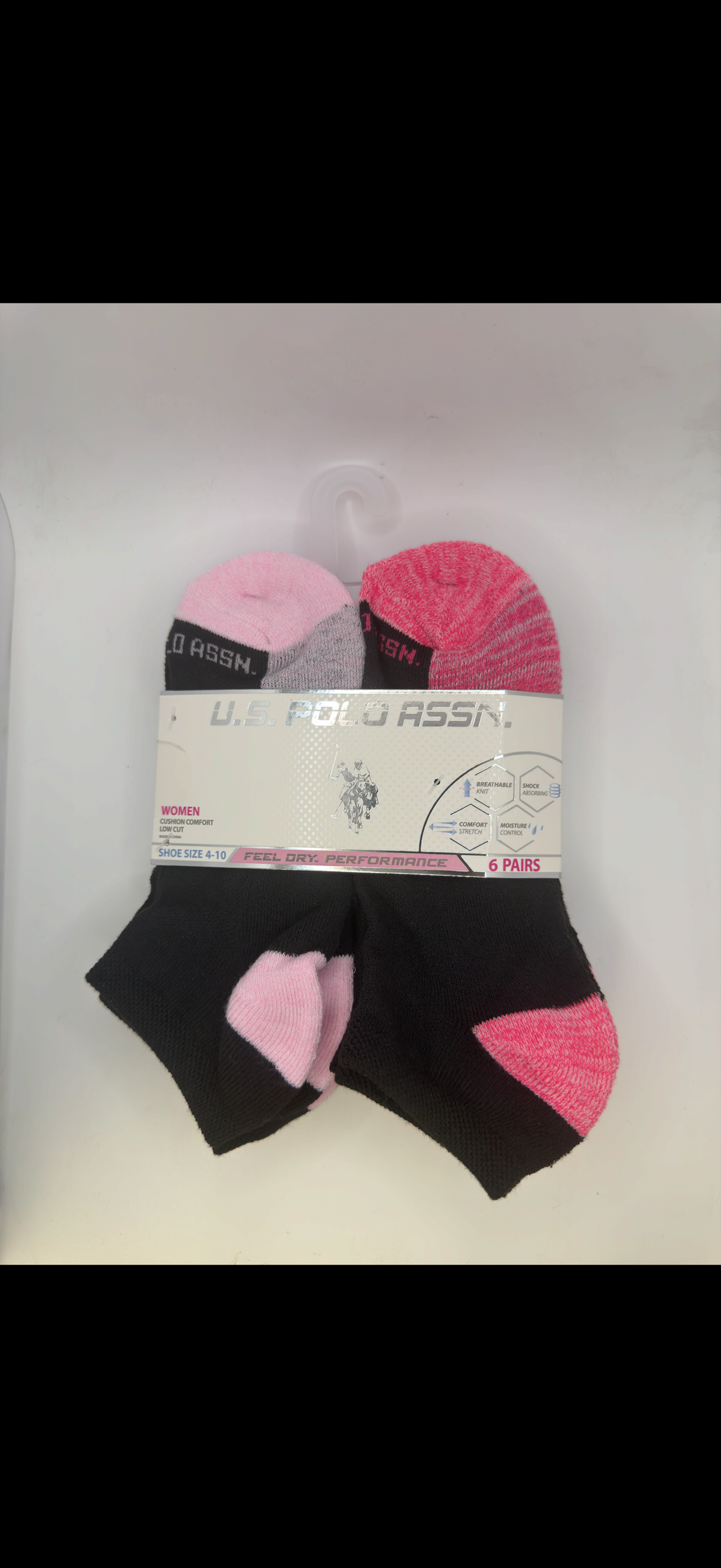 U.S. Polo Assn. Women's Low Cut Cushion Comfort Socks 6-Pair black blue purple back owned physical product photo