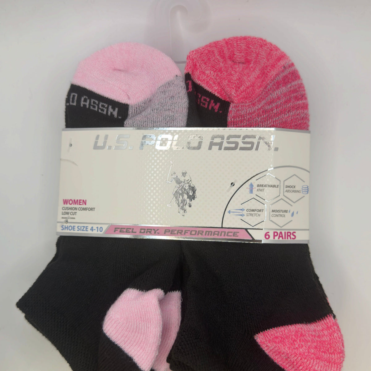 U.S. Polo Assn. Women's Low Cut Cushion Comfort Socks, 6-Pair, Black/Blue/Purple Assorted — package detail with size and features
