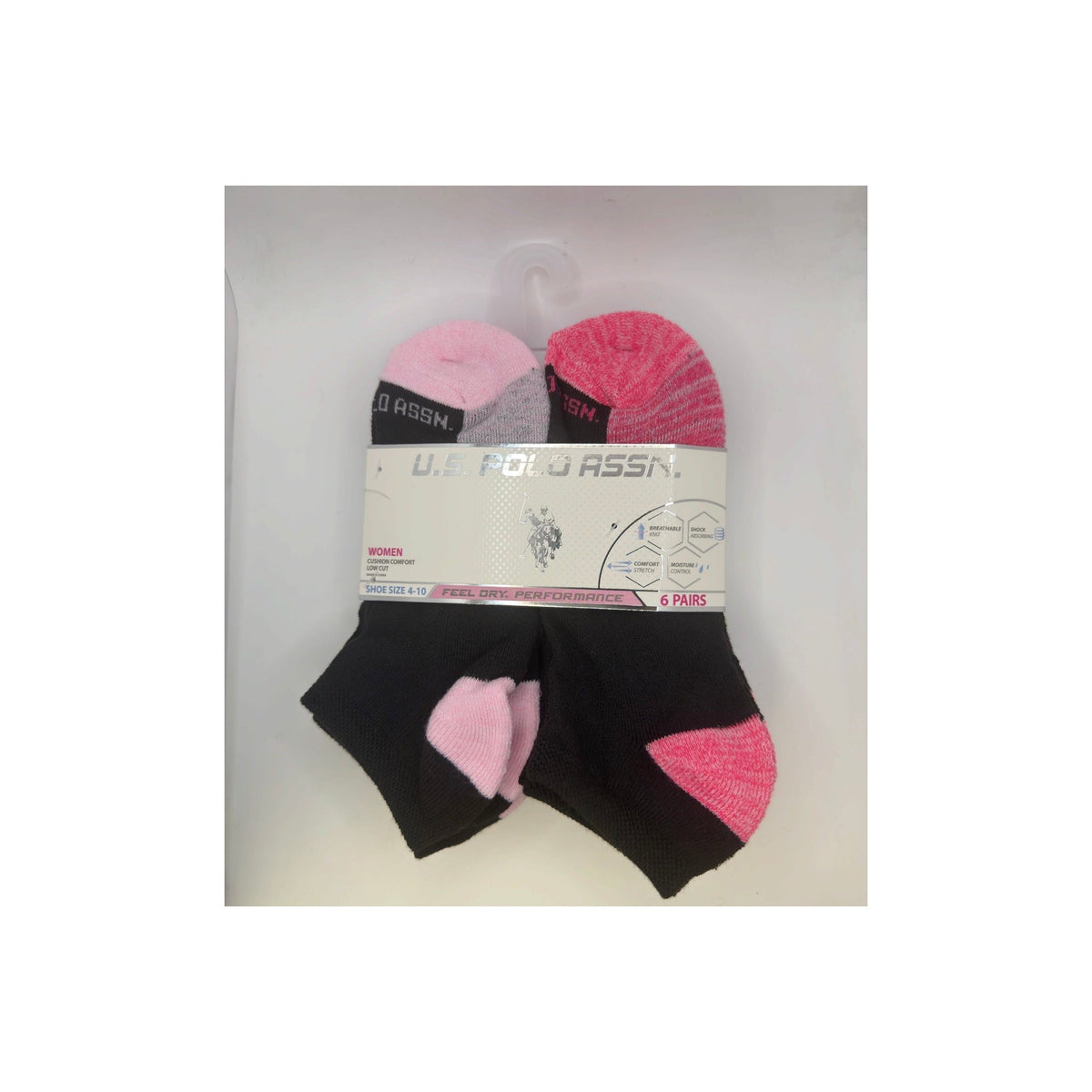 U.S. Polo Assn. Women's Low Cut Cushion Comfort Socks, 6-Pair, Black/Pink/Red Assorted — white-background hero