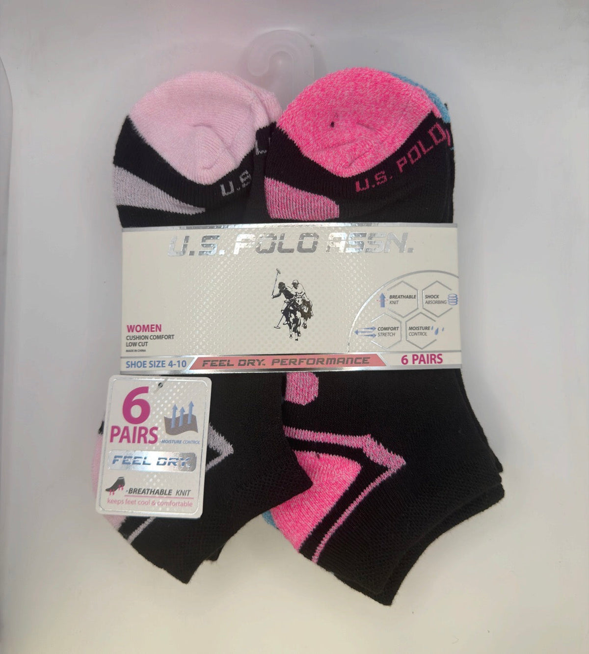 U.S. Polo Assn. Women's Low Cut Cushion Comfort Socks 6-Pair black pink red back owned physical product photo