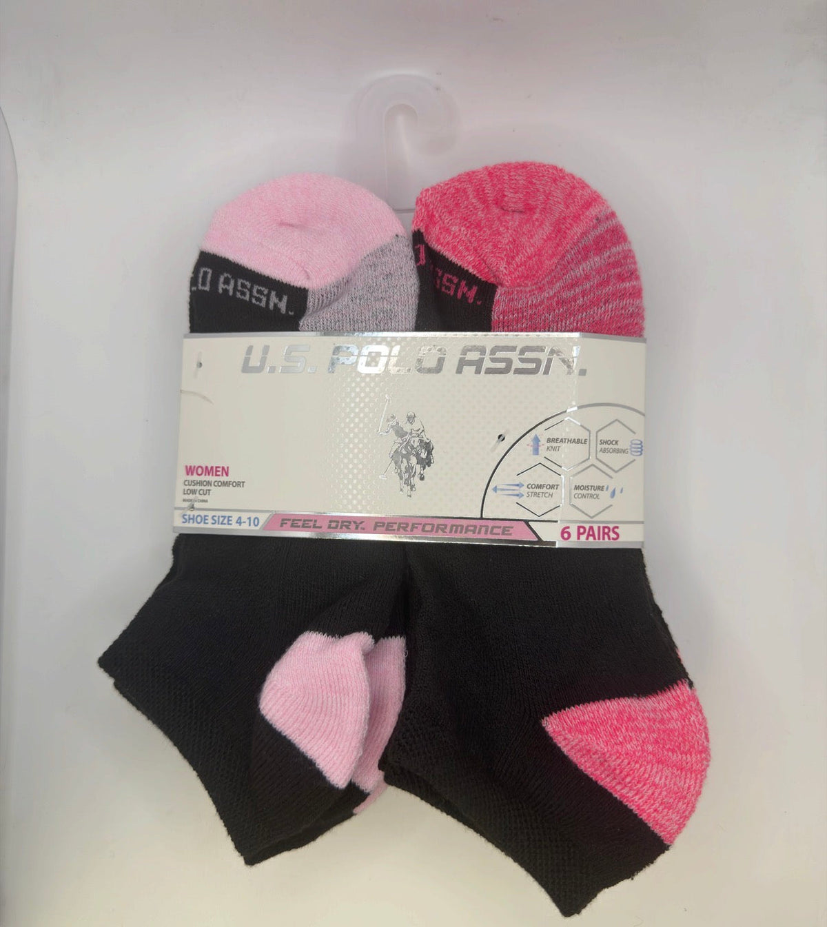 U.S. Polo Assn. Women's Low Cut Cushion Comfort Socks 6-Pair black pink red front owned physical product photo