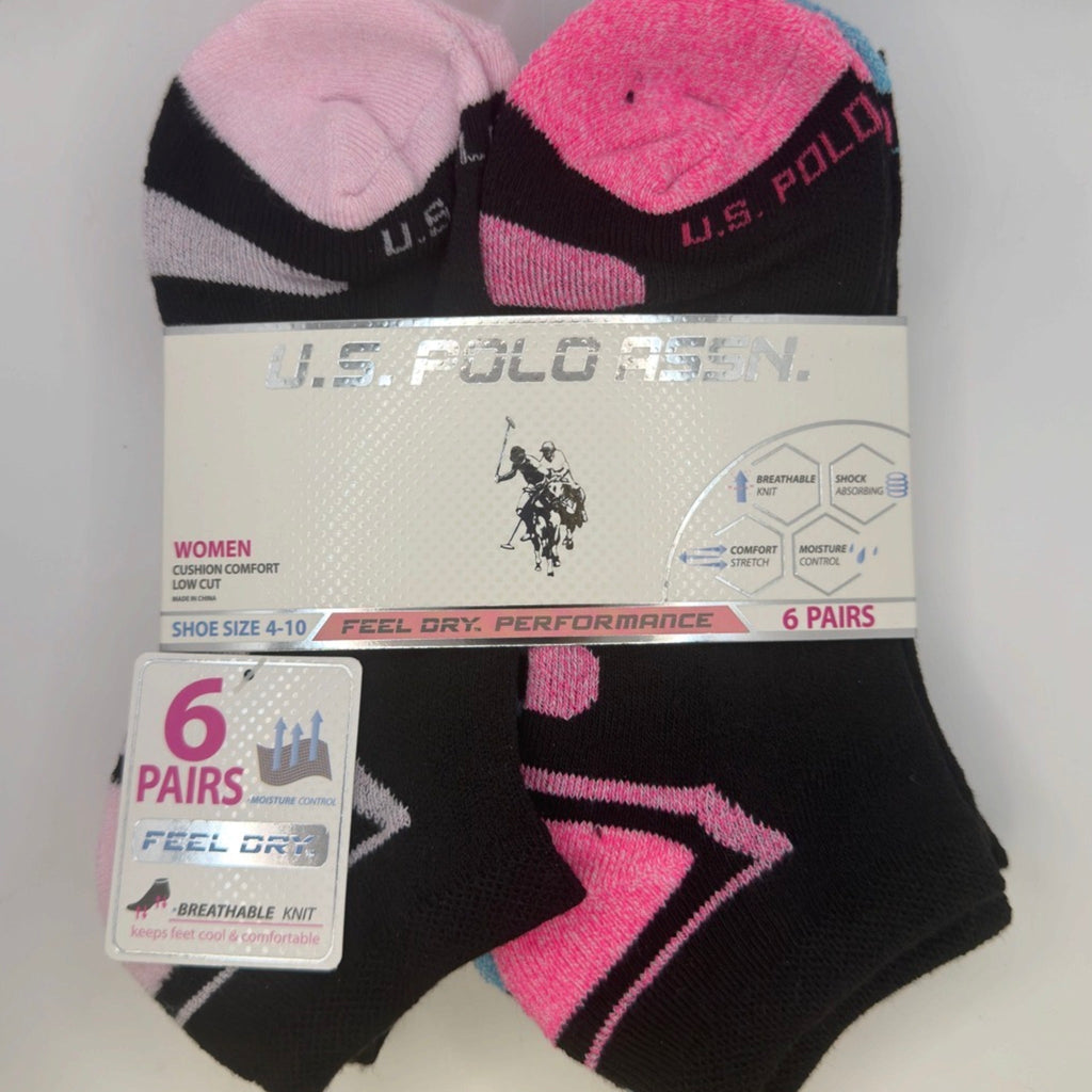 U.S. Polo Assn. Women's Low Cut Cushion Comfort Socks, 6-Pair, Black/Pink/Red Assorted — package detail with size and features