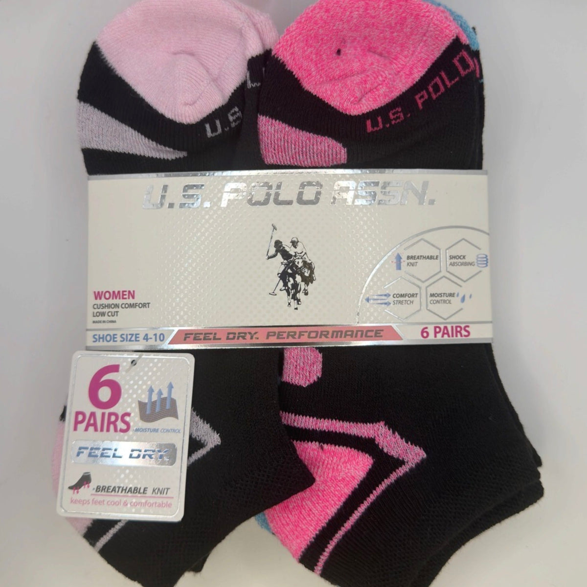 U.S. Polo Assn. Women's Low Cut Cushion Comfort Socks, 6-Pair, Black/Pink/Red Assorted — package detail with size and features