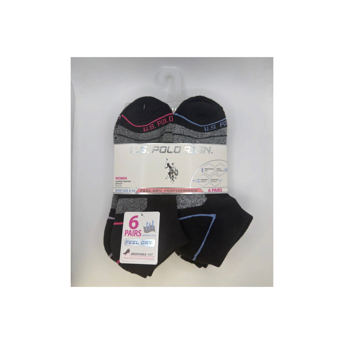 U.S. Polo Assn. Women's Low Cut Cushion Comfort Socks, 6-Pair, Black/Blue/Purple/Gray Assorted — white-background hero