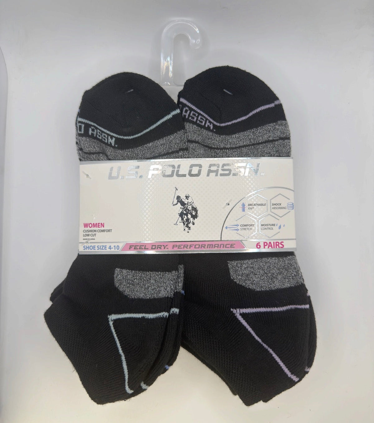 U.S. Polo Assn. Women's Low Cut Cushion Comfort Socks 6-Pair black blue purple gray back owned physical product photo