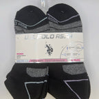 U.S. Polo Assn. Women's Low Cut Cushion Comfort Socks, 6-Pair, Black/Blue/Purple/Gray Assorted — package detail with size and features