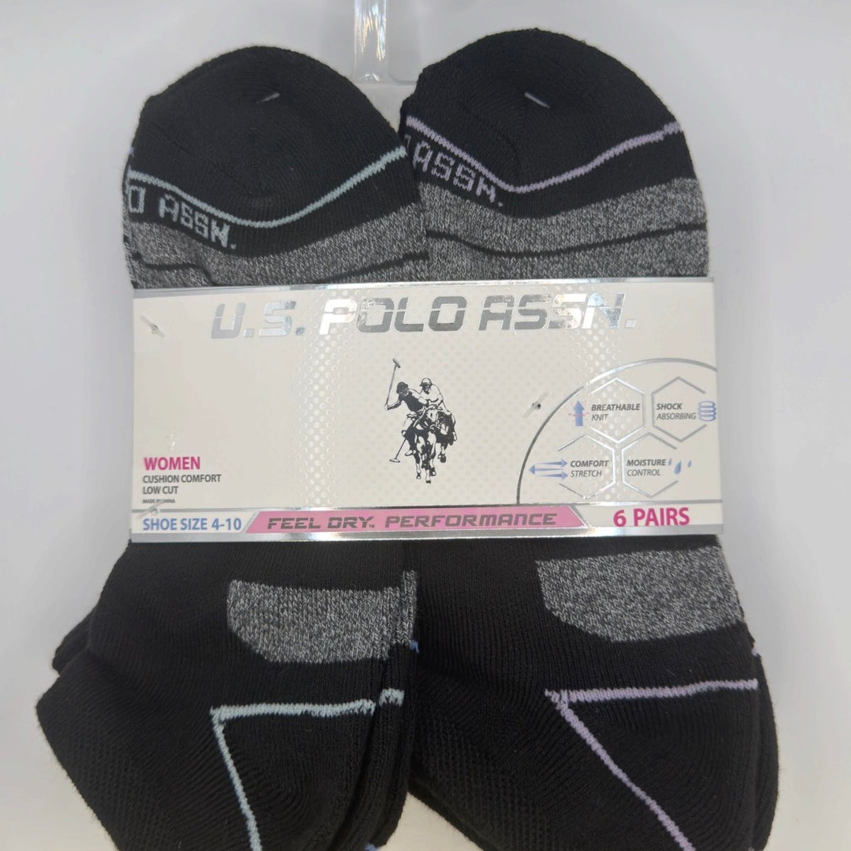 U.S. Polo Assn. Women's Low Cut Cushion Comfort Socks, 6-Pair, Black/Blue/Purple/Gray Assorted — package detail with size and features