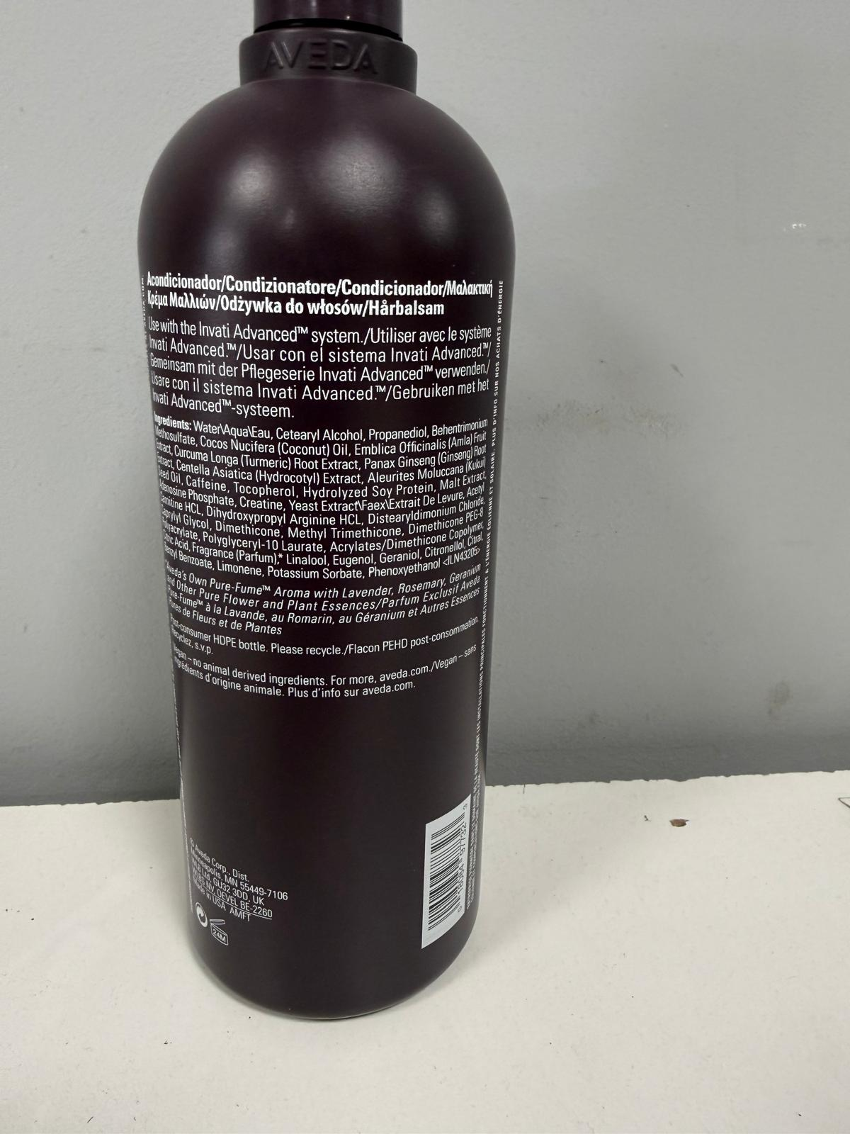 Actual Aveda Invati Advanced conditioner back label with ingredients, Made in USA and 24-month-after-opening symbol