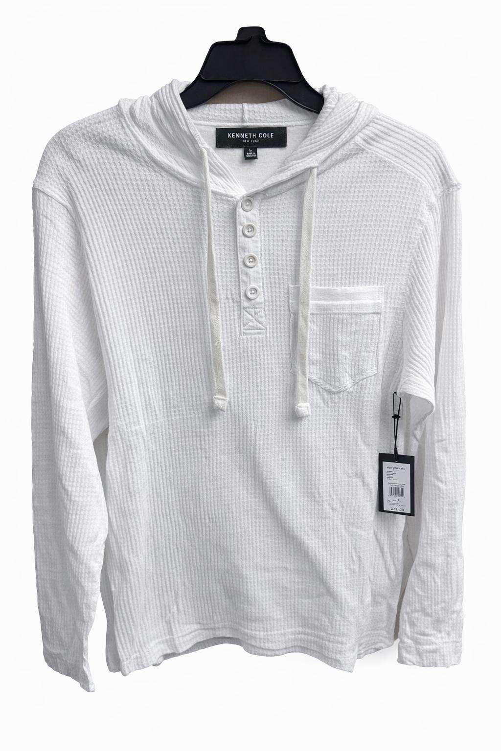 Kenneth Cole New York white waffle-knit hooded Henley shirt on a white background
