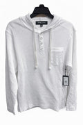 Kenneth Cole New York white waffle-knit hooded Henley shirt on a white background