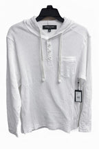 Kenneth Cole New York white waffle-knit hooded Henley shirt on a white background