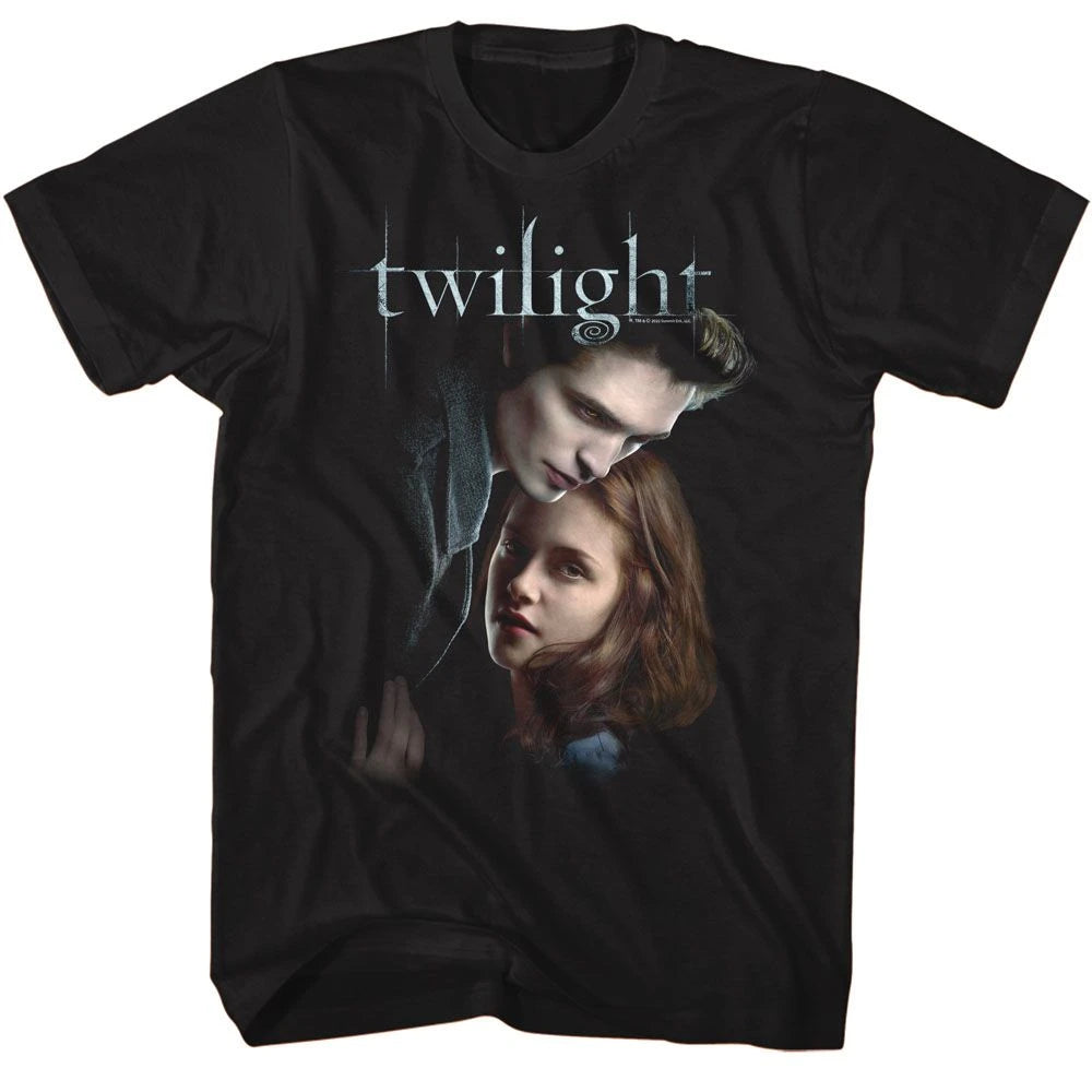 Black short-sleeve T-shirt with Twilight movie poster graphic and 'twilight' logo, front view
