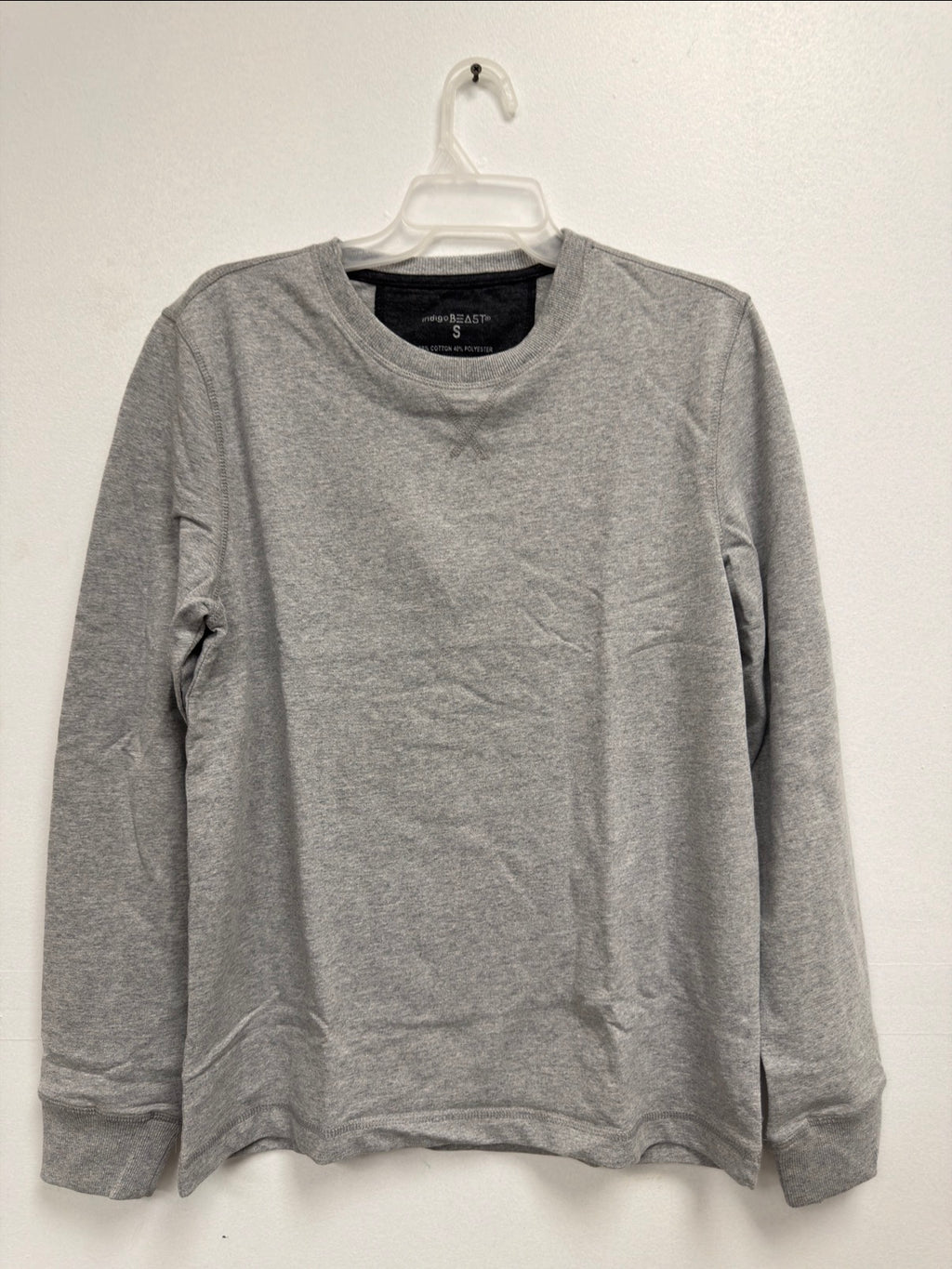 Indigo Beast grey heather long-sleeve crew neck top on hanger, front