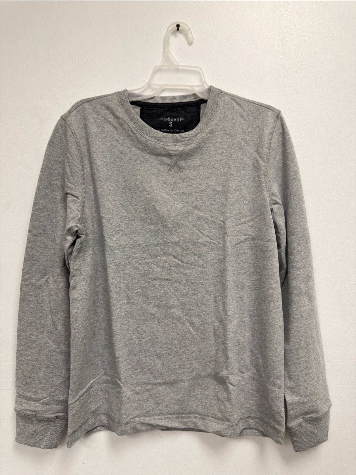 Indigo Beast grey heather long-sleeve crew neck top on hanger, front