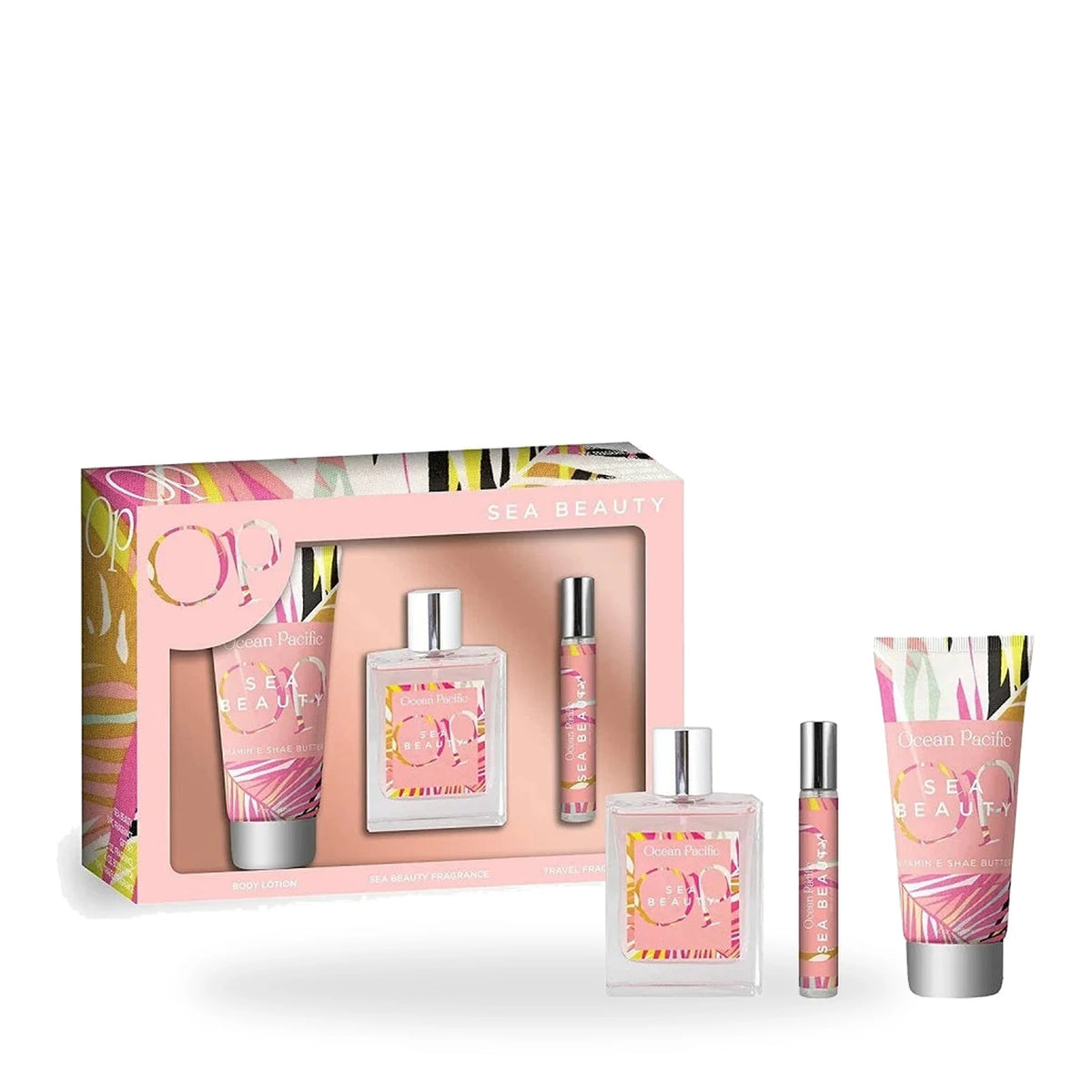 Ocean Pacific Sea Beauty three-piece fragrance gift set white background hero