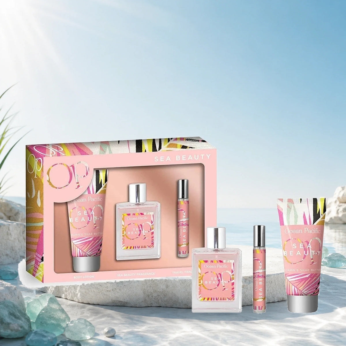 Ocean Pacific Sea Beauty three-piece fragrance gift set lifestyle image