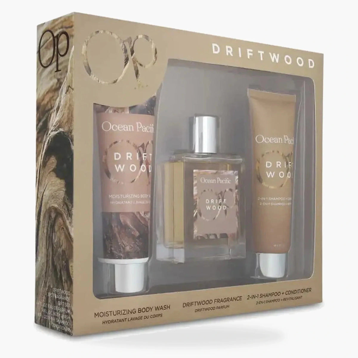 Ocean Pacific Driftwood three-piece fragrance gift set front detail