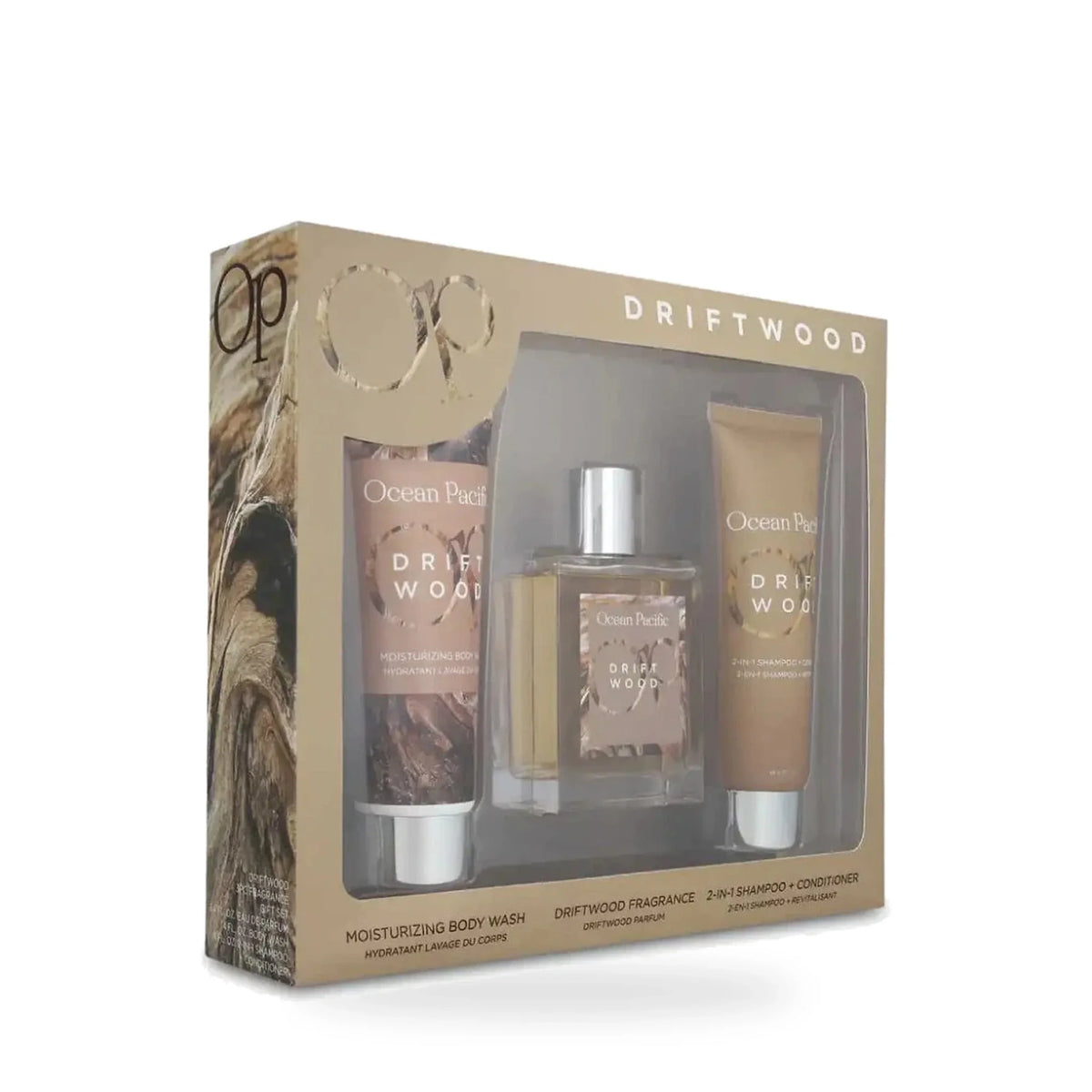 Ocean Pacific Driftwood three-piece fragrance gift set white background hero