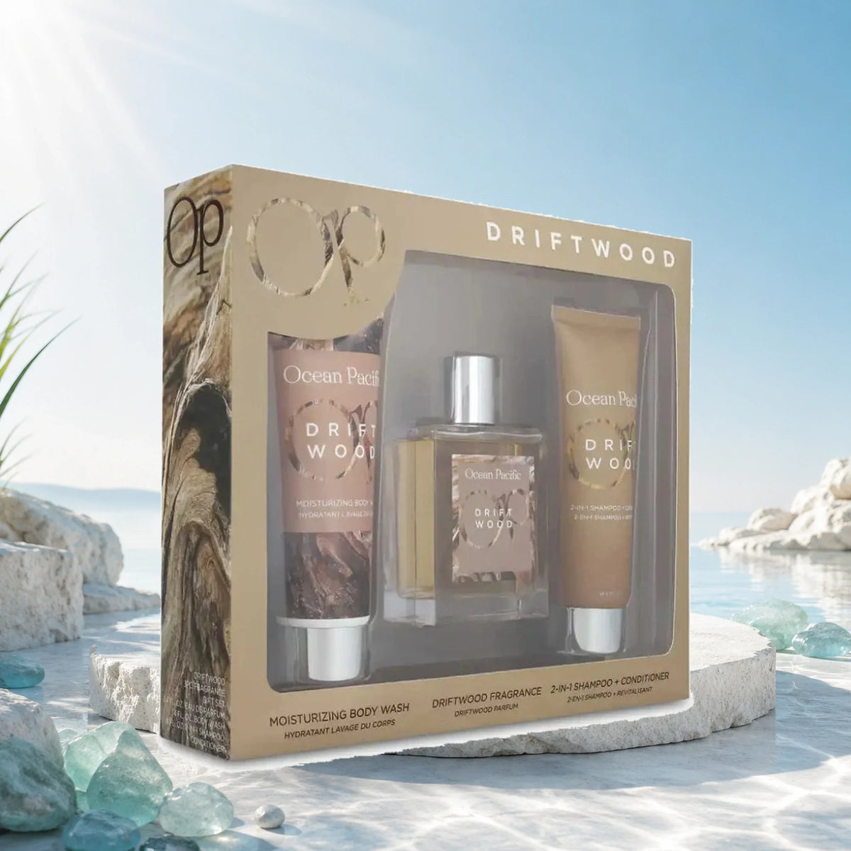 Ocean Pacific Driftwood three-piece fragrance gift set lifestyle image
