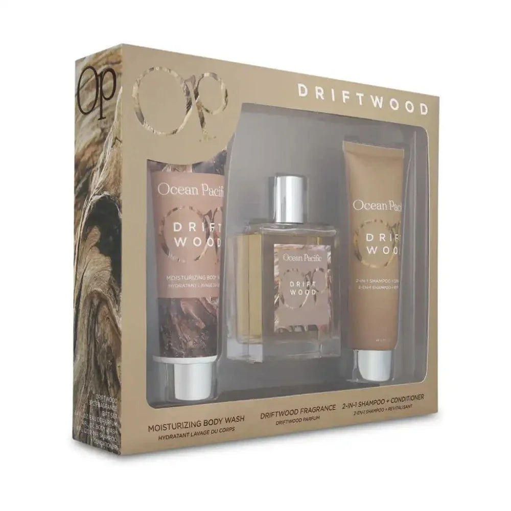 Ocean Pacific Driftwood three-piece fragrance gift set source packaging
