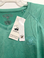 Beverly Hills Polo Club green V-neck top, neckline and hang tag